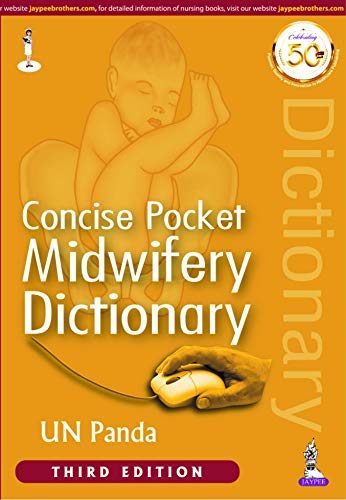 Orange book cover with baby illustration, titled "Concise Pocket Midwifery Dictionary".