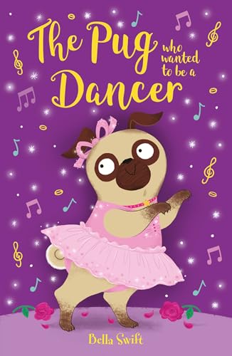 Pug in pink tutu poses, book cover with musical notes.
