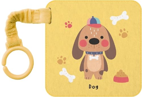 Yellow soft book with a cartoon dog, bone, and paw prints.