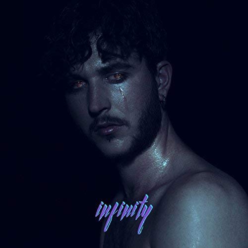 Close-up portrait of a man with tears and glowing purple eyes.