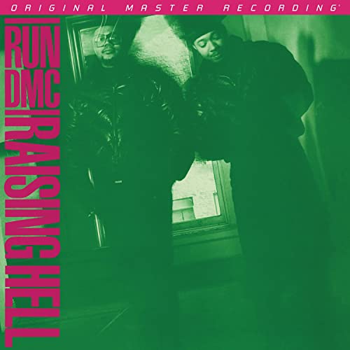 Run-DMC Raising Hell album cover with two men in black jackets, green tint.