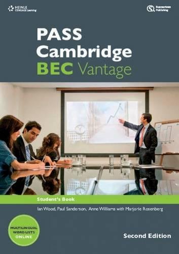 Textbook cover: "PASS Cambridge BEC Vantage," with business people pictured.