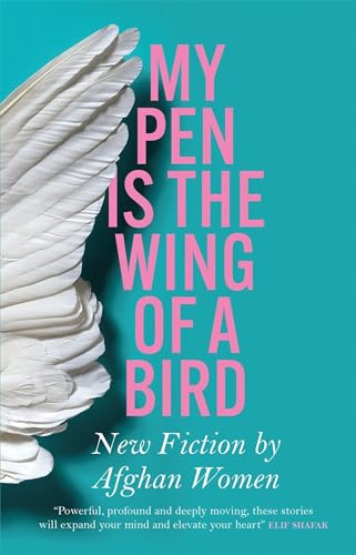 Teal book cover with white bird wing and pink and white text.
