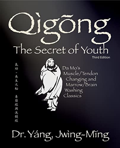 Book cover with calligraphy, illustration of a man, and title “Qigong Secret of Youth.”