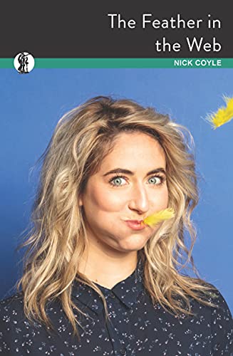 Book cover: woman with a yellow feather in her mouth, blue background.