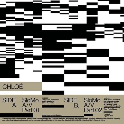 Black and white vinyl record cover with abstract line pattern and text.