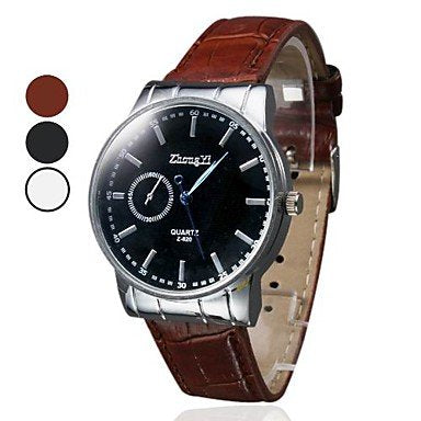 Black wristwatch with brown leather strap and silver-toned case, color variations shown.