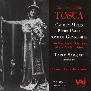 Vintage CD cover for Puccini’s *Tosca* featuring a portrait of Carmen Melis.