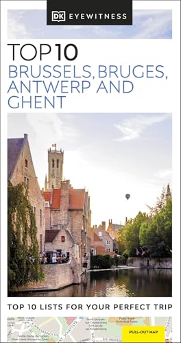 Travel guidebook cover with city images and top 10 list for Belgium cities.