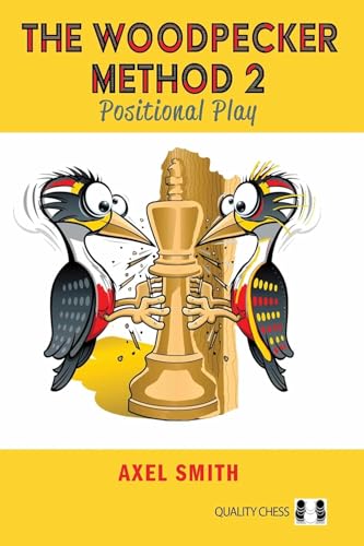 Two cartoon woodpeckers around a chess piece on a book cover with yellow borders.
