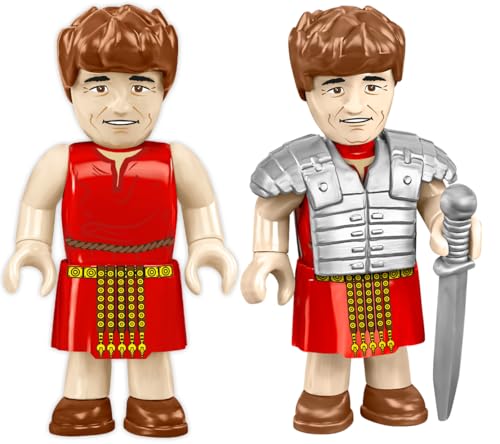Two plastic Roman soldier figures, one in red tunic, one with armor.