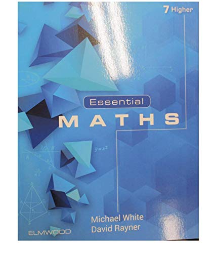 Front cover of Essential Maths 7 Higher textbook with blue geometric shapes and text.