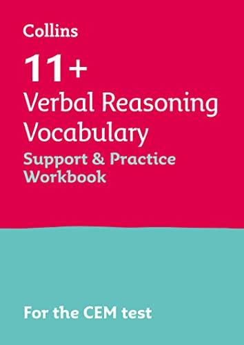 Red workbook cover with white text: "11+ Verbal Reasoning Vocabulary" and "CEM test".