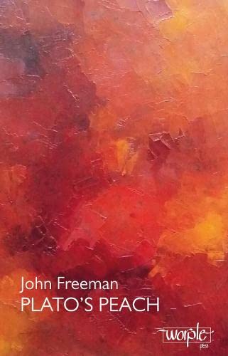 Abstract red and orange painting with book title "Plato's Peach".