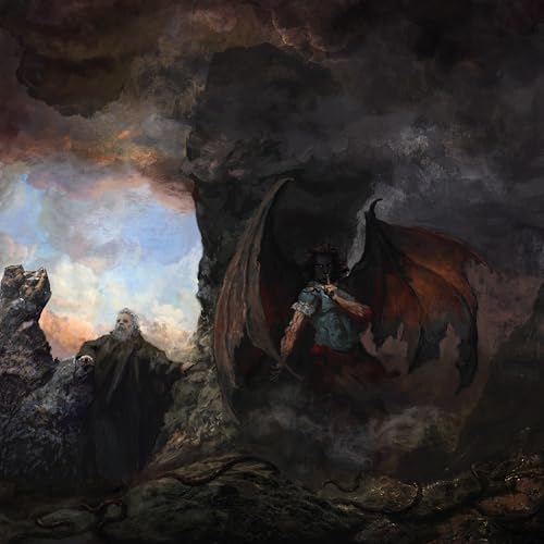 Dark fantasy painting of a winged figure and a cloaked man.