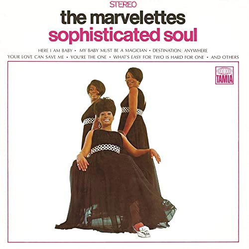 The Marvelettes album cover, three women in black gowns, 1960s style.