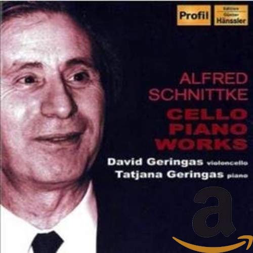 Alfred Schnittke portrait with text: "Cello Piano Works," David Geringas.