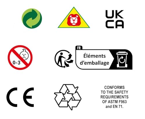 Toy packaging with recycling symbols, safety warnings, and CE mark.