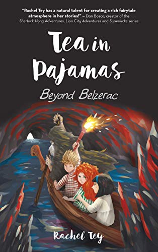 Book cover showing three children and a wizard in a boat inside a cave.