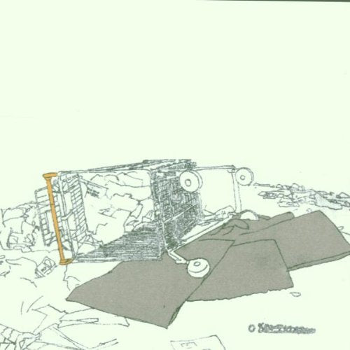 LineB&W sketch of an overturned shopping cart amidst scattered debris on a white background.