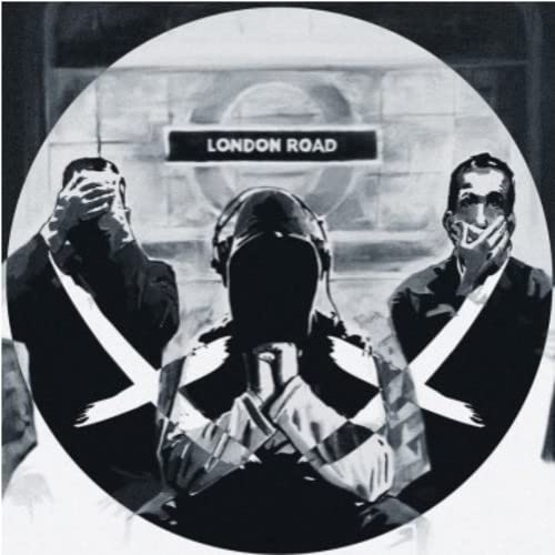 Black and white vinyl record cover with figures obscuring faces.