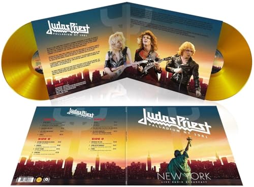 Judas Priest vinyl record with band photo and New York skyline imagery.