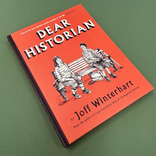 Red book cover, “Dear Historian” title, illustration of two people on a bench.