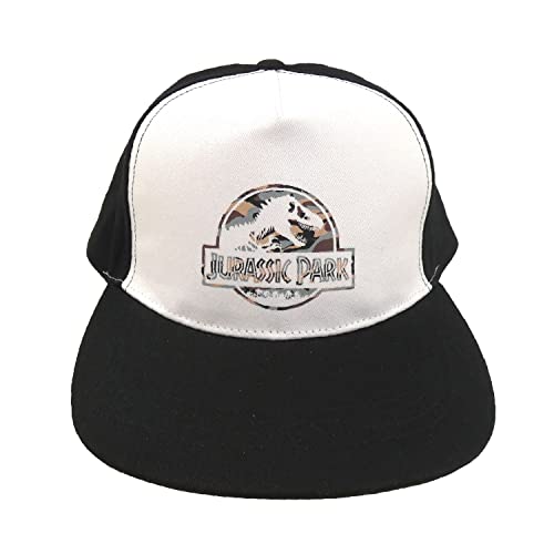 White and black snapback cap with Jurassic Park logo on front.