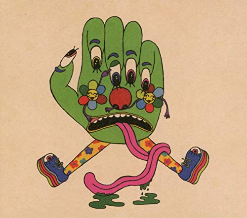 Green hand character with eyes, flowers, and a long tongue.