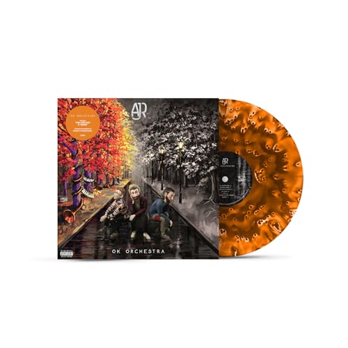AJR Ok Orchestra vinyl record with album cover and orange marbled vinyl disc.
