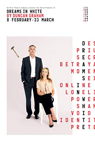 Play poster featuring a man, woman, and a hammer, with stacked red text.