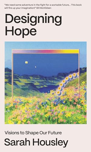 Book cover with colorful flowers, a lake, and a futuristic frame design element.