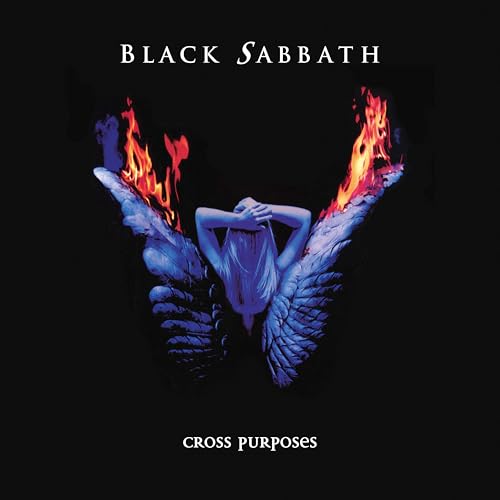Black Sabbath album cover: winged figure with flames, dark background.