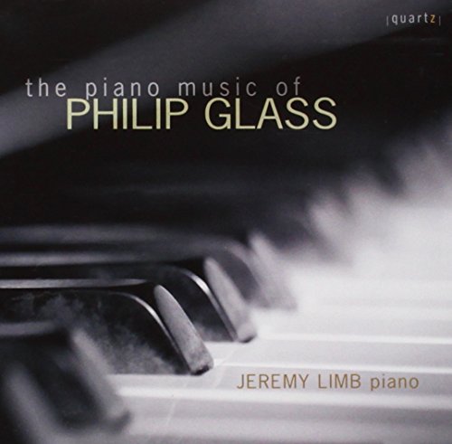 Close-up of piano keys with the album title The Piano Music of Philip Glass.