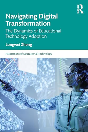 Book cover: "Navigating Digital Transformation" with a woman using tech.