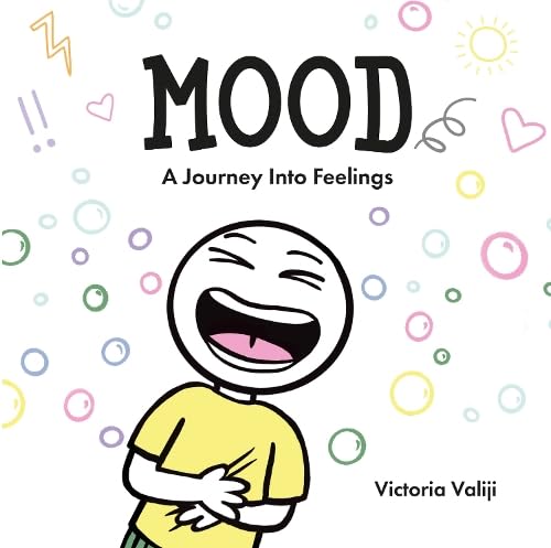 Book cover with cartoon face laughing, surrounded by colorful shapes.