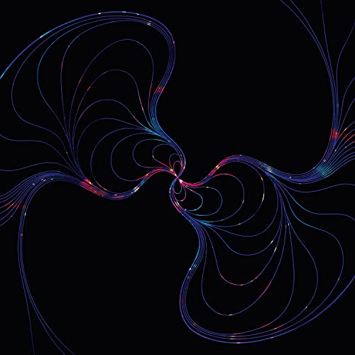Abstract swirling lines of blue, pink, and purple on black background.