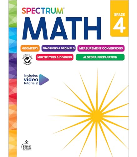 Workbook with colorful math exercises for fourth grade students, paperback with educational illustrations.