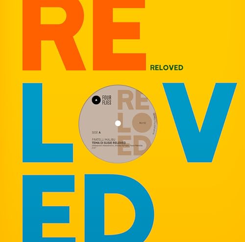 Vinyl record label with bold text "RELOVED" on a yellow background.
