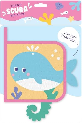 Blue whale illustration on a yellow and red soft bath book.
