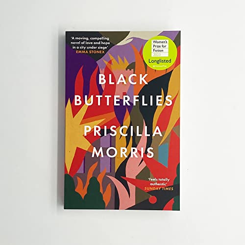 Book cover with colorful abstract design and title Black Butterflies by Priscilla Morris.