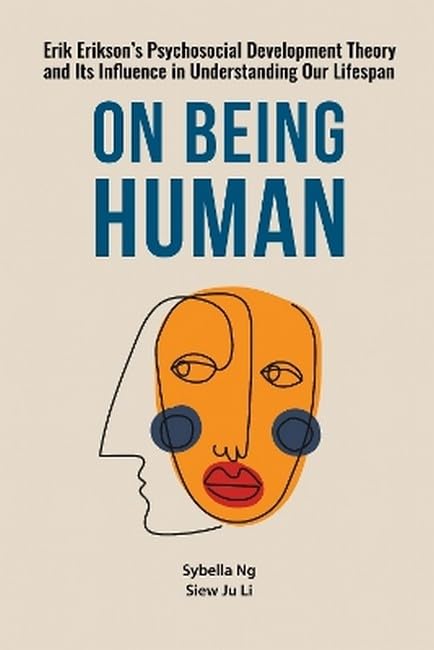 Book cover with title "On Being Human" and abstract face illustration.