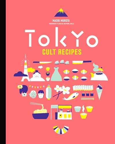 Book cover with pink background, white title text, and various Japanese-themed food and icons.