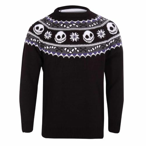 Black knitted jumper with repeating Jack Skellington skull pattern.