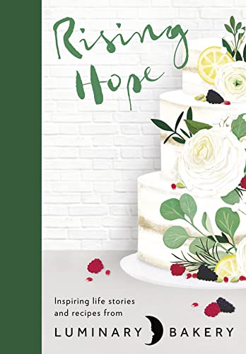 Book cover: “Rising Hope” with a decorated white cake and greenery.