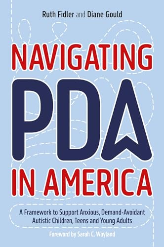 Book cover with large red and blue text: "Navigating PDA in America".