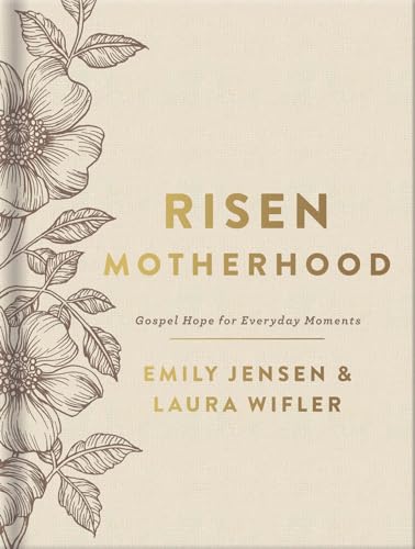 Book cover with floral illustration and title "Risen Motherhood" in gold text.