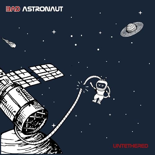 White line art of an astronaut floating in space near a satellite.