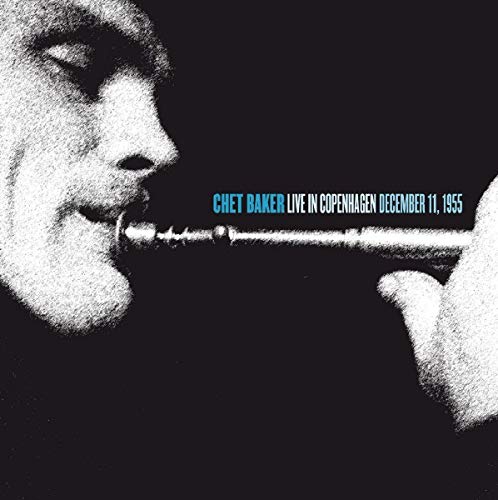 Black and white close-up of Chet Baker playing trumpet with blue and white text.