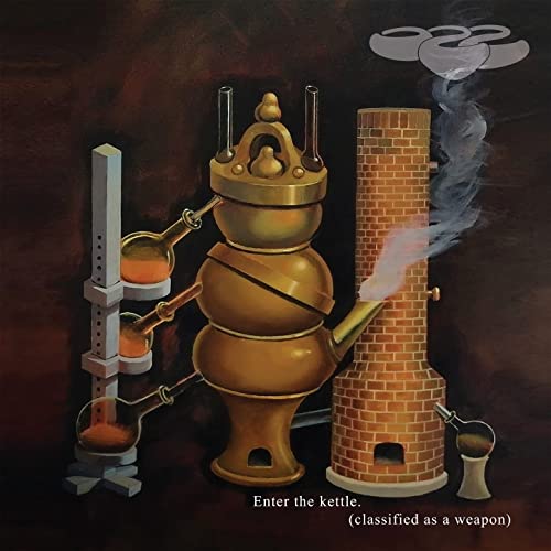 Painting of a golden kettle with brick tower and rising smoke.